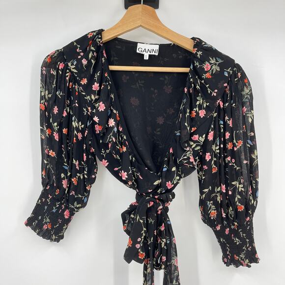 GANNI | Elm Floral Wrap Top in Black Pink Chiffon 36 / US 4 / S - Picture 3 of 10